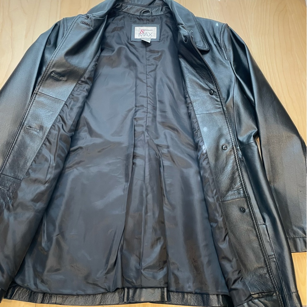 Vintage 90s Black Leather Jacket Large Minimalist Grunge Goth Biker Trench Coat - Picture 10 of 15